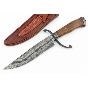 Handmade Outdoor Hunting Bowie Knife San Mai Damascus Blade Wood Handle With Leather Cover  Hand-Forged Multipurpose Knife (San Mai Knife-23)