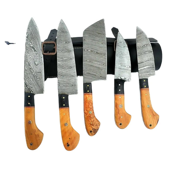 Custom Handmade Damascus Chef Set of 5 Chef Knife - Set Damascus Knife With Pure Leather Sheath (Chef Knife-31)