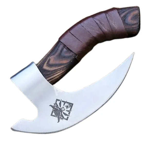 Handmade Viking Chef Knife with Damascus Steel Pizza Cutter Blade Stainless Kitchen Knife with Wooden Handle and Leather Sheath (Pizza Axe-17)