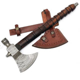 High Quality Custom Hand Made Damascus Hunting Hatchet Smoke Pipe Axe Hand Forged Wood Handle With Leather Sheath (Tomahawk Axe-55)