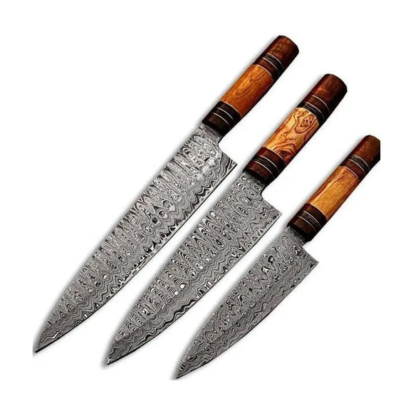 Professional Hand Forged Damascus Steel Kitchen Knife Set Wood Handle 3 Layer Damascus Steel Handmade Chef Knife Set (Chef Knife-80)