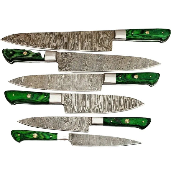 Custom Handmade Damascus Chef Knife Sets and Kitchen 6 Pcs Knife Set With Pure Leather Bag (Chef Knnife-48)