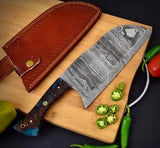 High-Quality Customized Full Tang Damascus Steel Nakiri Butcher Knife – 14-Inch Blade with Leather Sheath, Kitchen Chef Handmade with Wood and Stainless Steel (Nakiri Knife-7)