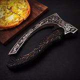 Handmade Industrial Grade Pizza Axe High Carbon Steel 1095 Blade with Etching Forged Cutter with Pure Leather Sheath (Pizza Axe-38)