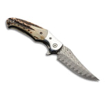 Handmade Damascus Steel Folding Pocket Knife Leather Sheath Multipurpose Hand-Forged Knife For EDC & Hunting  (Folding Knife-39)