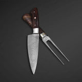 High Quality Customized Damascus Steel 2pcs Chef Kitchen Knife Fork BBQ Knife Set With Leather Sheath (Chef Knife-79)