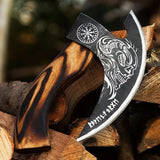 Handmade Viking Bearded Pizza Cutter Axe Damascus Steel Blade Unique Kitchen Chef Knife Design Leather Sheath Included Gift Item (Pizza Axe-24)