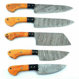 Custom Handmade Damascus Chef Set of 5 Chef Knife - Set Damascus Knife With Pure Leather Sheath (Chef Knife-31)