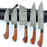 Custom Handmade Damascus 5 Pcs Chef Knife Damascus Steel Chef and Kitchen Knife Set with Pure Leather Sheath (Chef Knife-32)