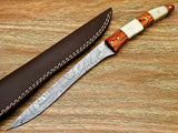 Custom Handmade Damascus Hand Forged Knife Damascus Steel Chef and Kitchen Fillet Knife with Pure Leather Sheath (Long Knife-4)