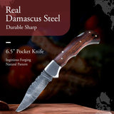Damascus Steel Pocket Knife, Handmade Knives for Men, 6.5 Inch Pocket Folding Knife with Sheath for Camping Knives (Folding Knife-32)