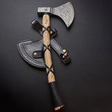 High Quality Handmade Damascus Steel Axe Head Hatchet Axes Hand Forged Beautiful Pattern With Leather Sheath (Tomahawk Axe-34)