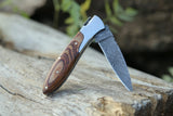Professional Custom Handmade Damascus Steel Folding Pocket Knife with Leather Sheath and Wooden Handle for EDC and Utility Use (Folding Knife-25)