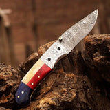 Damascus Steel Pocket Knife, Handmade Tools for Men, 6.5 Inch Pocket Folding Knives with Sheath for Camping (Folding Knife-30)