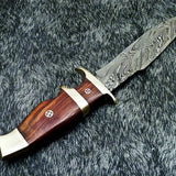 Custom Hand Made Damascus Steel Blade Bowie Hunting Tools Wood Handle Outdoor Camping Knife With Leather Sheath (Bowie Knife-34)