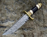 Handmade Outdoor Knife Survival Knives Camping Bowie Knife Damascus Steel Blade Horn Handle With Black Leather Cover.(Bowie Knife-28)