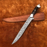 Custom Handmade Damascus Steel Fillet Knife Damascus Steel Fillet Knife with Pure Leather Sheath (Long Knife-1)