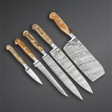 Professional Chef Knife Set 5-Piece Kitchen Tool with Damascus Steel Blade Stainless Steel Wood Handle Leather Roll Bag Cutting (Chef Knife-74)