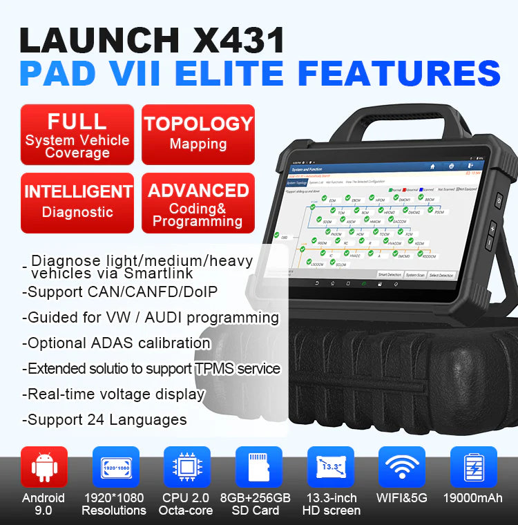LAUNCH X431 PAD VII Elite + VSP600 + BST360 eller i-TPMS + AB4000 battery Jumpstarter Gratis J2534 Reprogramming Tool, Intelligent Topology Map