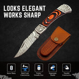 Handmade Damascus Folding Pocket Knife for Men Engraved Steel Damascus with Belt Holster-Gift for Men Hunting & Camping Tools (Folding Knife-46)