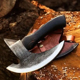 Handmade Medieval Pizza Cutter Axe Custom-Forged Viking Style Damascus Steel Blade Boning Kitchen Chef Knife with Bone Material (Pizza Axe-7)