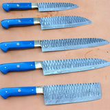 Handmade Custom Damascus Steel 5-Pcs Chef Kitchen Knife Set Includes 6pcs Stainless Steel Blades Pure Leather Sheath Cutting (Chef Knife-58)