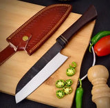 High Quality Custom Handmade 8-Inch Santoku Chef Knife Damascus High Carbon Steel Resin Free Meat Leather Sheath (Chef Knife-122)