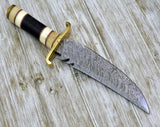 Handmade Outdoor Knife Survival Knives Camping Bowie Knife Damascus Steel Blade Horn Handle With Black Leather Cover.(Bowie Knife-28)
