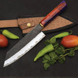 Handmade Custom 8-inch Damascus Blade Kitchen Chef Knife with Powder Coating Leather Sheath High Carbon Steel Home Cooking Knife (Chef Knife-113)