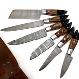 Handmade Damascus Steel Chef Knife Set 6 Pcs with Custom Stainless Steel Blade Pure Leather Sheath Sharp Cutting for Dining (Chef Knife-69)