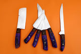 D2 Steel Chef Set Handmade Carbon Steel Knives 6-Piece Purple Resin Handle Razor Sharp Walnut Wood Bolster Best Gift (Chef Knife-83)