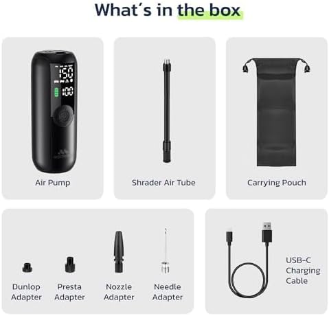 Woowind LP1 Bike Pump Portable Air Compressor, 1 Minute Inflation, 150PSl Bike Pump & Car Tire inflator Auto Shut-Off LED Light, Dual Valves -Compact with Digital Pressure Gauge for Cars, Bikes