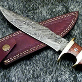 Custom Hand Made Damascus Steel Blade Bowie Hunting Tools Wood Handle Outdoor Camping Knife With Leather Sheath (Bowie Knife-34)