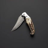 Handmade Damascus Steel Folding Pocket Knife Leather Sheath Multipurpose Hand-Forged Knife For EDC & Hunting  (Folding Knife-39)