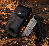 Custom Handmade Damascus Steel Folding Knife with Leather Sheath Pocket Back Lock and Tactical Tools EDC Usage OEM Support (Folding Knife-17)