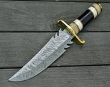 Handmade Outdoor Knife Survival Knives Camping Bowie Knife Damascus Steel Blade Horn Handle With Black Leather Cover.(Bowie Knife-28)
