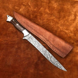 Custom Handmade Damascus Steel Fillet Knife Damascus Steel Fillet Knife with Pure Leather Sheath (Long Knife-1)