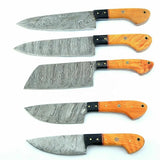 Custom Handmade Damascus Chef Set of 5 Chef Knife - Set Damascus Knife With Pure Leather Sheath (Chef Knife-31)