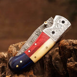 Damascus Steel Pocket Knife, Handmade Tools for Men, 6.5 Inch Pocket Folding Knives with Sheath for Camping (Folding Knife-30)