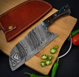 High-Quality Customized Full Tang Damascus Steel Nakiri Butcher Knife – 14-Inch Blade with Leather Sheath, Kitchen Chef Handmade with Wood and Stainless Steel (Nakiri Knife-7)