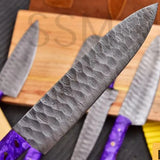 Custom Handmade Top Quality Hand Forged Damascus Steel Chef Kitchen Knife Set Hammered Texture Blade with Leather Sheath (Chef Knife-20)