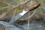 Professional Custom Handmade Damascus Steel Folding Pocket Knife with Leather Sheath and Wooden Handle for EDC and Utility Use (Folding Knife-25)