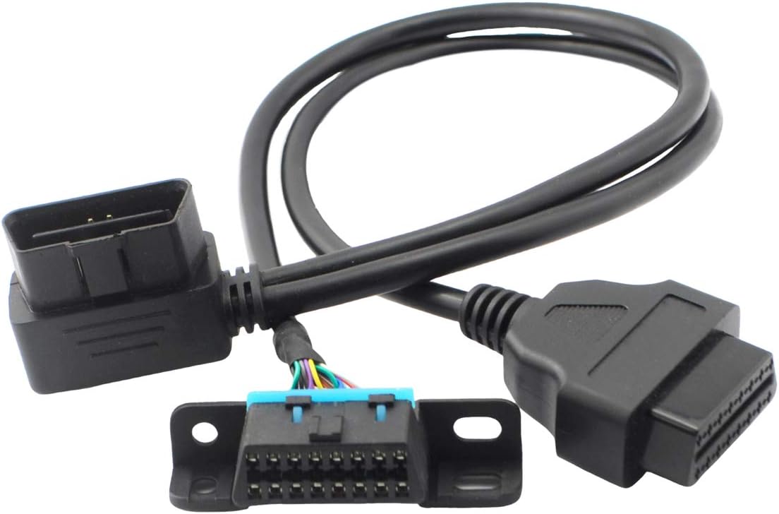 Right Angle Universal OBD2 OBD II 16 Pin Splitter Y Open Cable, J1962 1 Male to 2 Female Connector with Underdash Mount Bracket for GPS Tracker Device 50cm/20