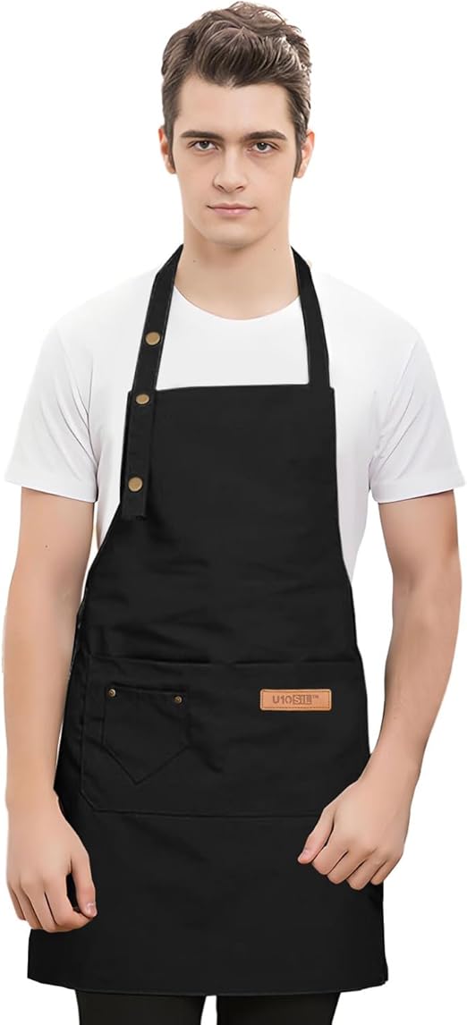 Apron, Unisex Bib Apron, Upgraded Waterproof Canvas, Adjustable, Multiple Large Pockets, Wear-Resistant for BBQ, Kitchen, Hairstylist, Waiters, Artists, Beauticians, Bar Shop