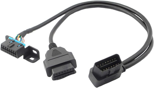 Right Angle Universal OBD2 OBD II 16 Pin Splitter Y Open Cable, J1962 1 Male to 2 Female Connector with Underdash Mount Bracket for GPS Tracker Device 50cm/20