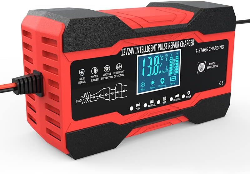 Car Battery Charger 10-Amp, 12V and 24V Smart Car Battery Charger AU Plug,Trickle Charger for Car - Smart Fully-Automatic Battery Maintainer with Temperature Compensation and LCD Display