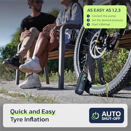 Woowind LP1 Bike Pump Portable Air Compressor, 1 Minute Inflation, 150PSl Bike Pump & Car Tire inflator Auto Shut-Off LED Light, Dual Valves -Compact with Digital Pressure Gauge for Cars, Bikes