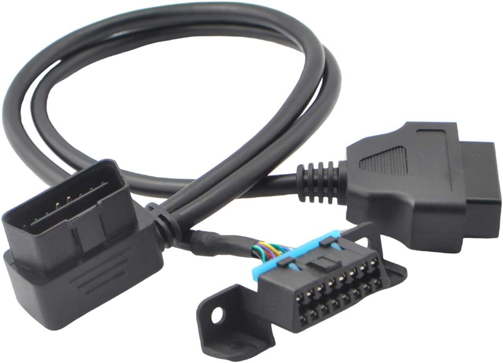 Right Angle Universal OBD2 OBD II 16 Pin Splitter Y Open Cable, J1962 1 Male to 2 Female Connector with Underdash Mount Bracket for GPS Tracker Device 50cm/20