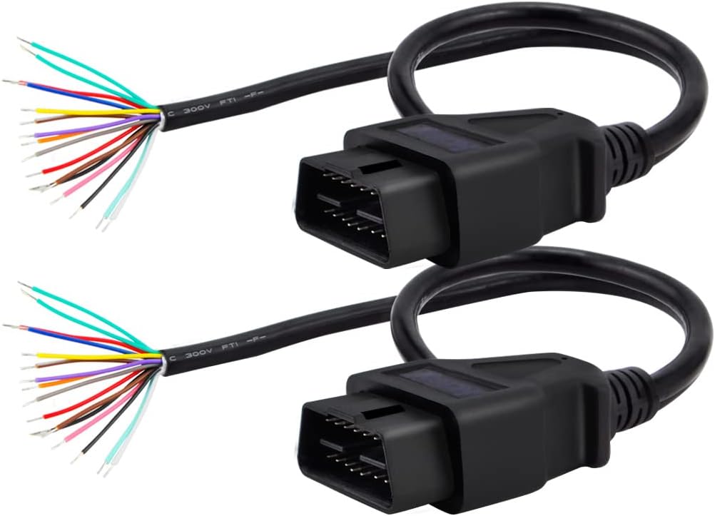 iKKEGOL Pack of 2 16 Pin J1962 OBD2 OBD-II Male Connector to Open Plug Wire, OBD Diagnostic Extension Cable Pigtail for DIY x 2 (60cm 24"" inch, 2ft)