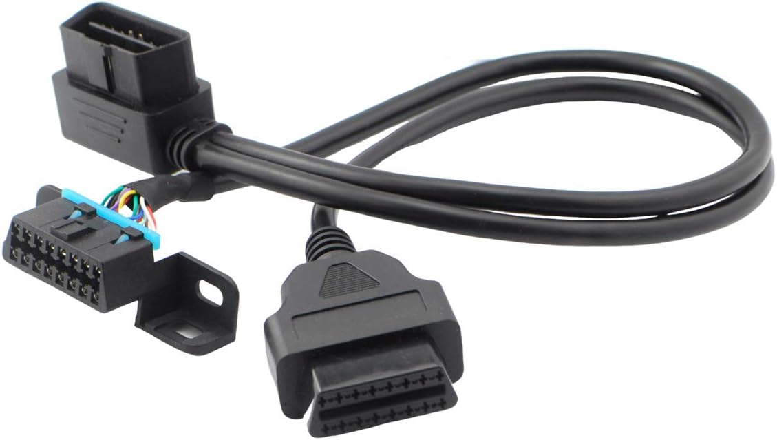 Right Angle Universal OBD2 OBD II 16 Pin Splitter Y Open Cable, J1962 1 Male to 2 Female Connector with Underdash Mount Bracket for GPS Tracker Device 50cm/20
